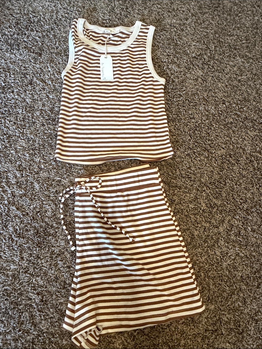 Worth Collective Sleeveless Striped Rib Knit Lounge Set - Brown & Cream